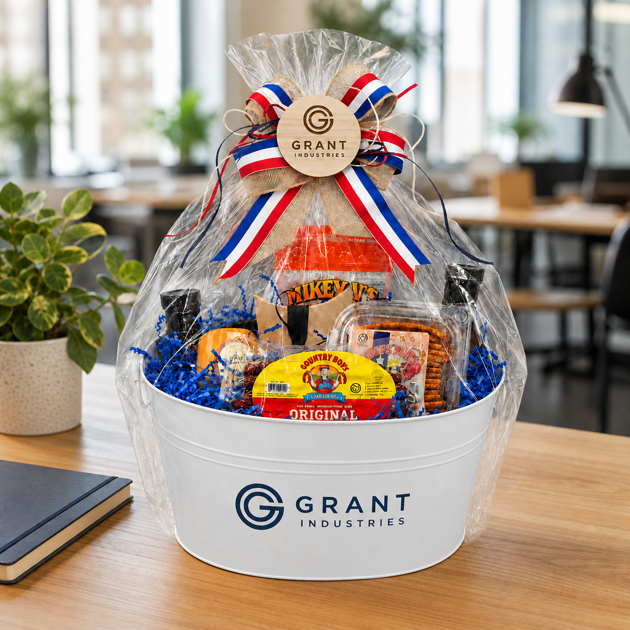 Custom corporate gift arrangement with branded metal container, engraved tag, and presentation ribbon