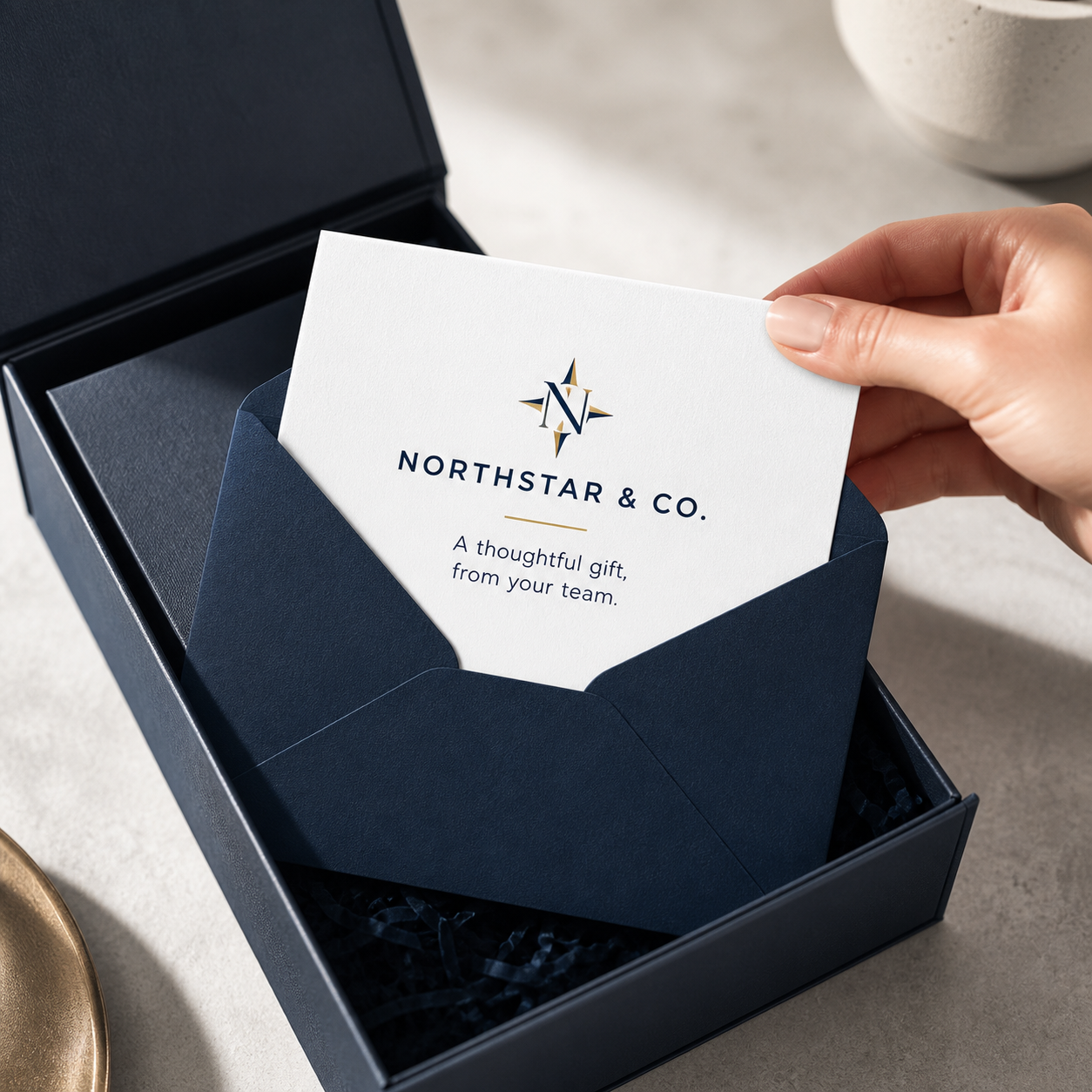Personalized corporate message card presented in a navy envelope inside a gift box