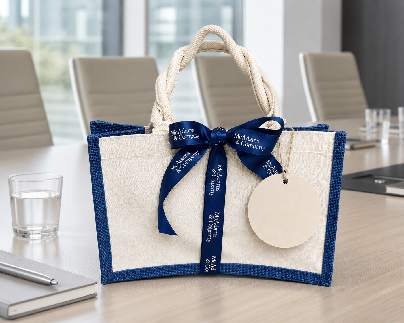 Cream and navy corporate gift tote finished with custom-printed navy ribbon