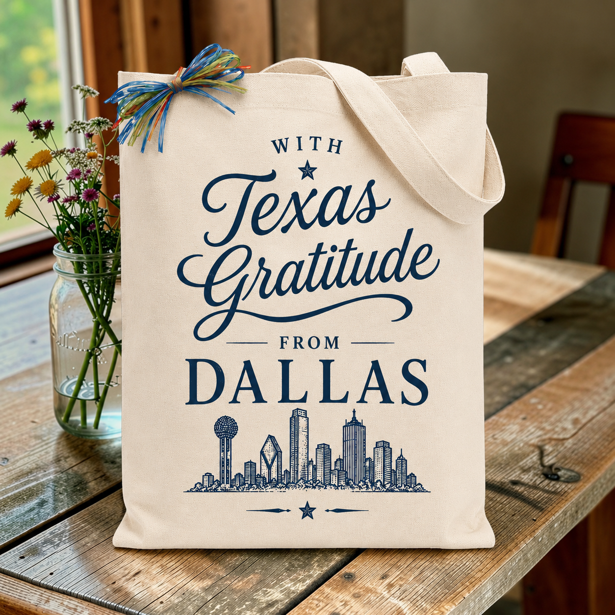Cream corporate gift tote printed with Texas gratitude and a Dallas skyline illustration