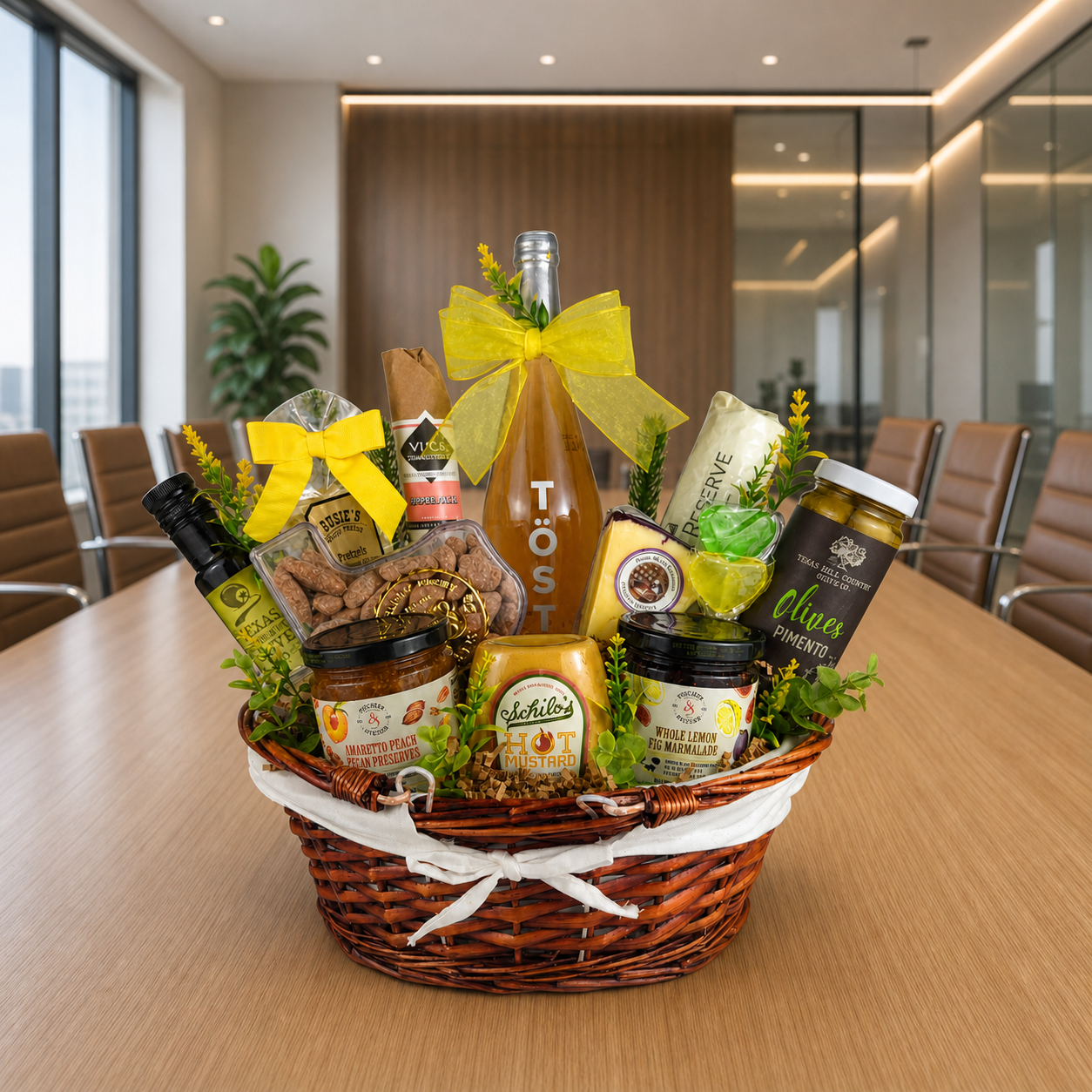 Executive appreciation basket with Texas-made gourmet foods and a presentation bottle in a corporate boardroom