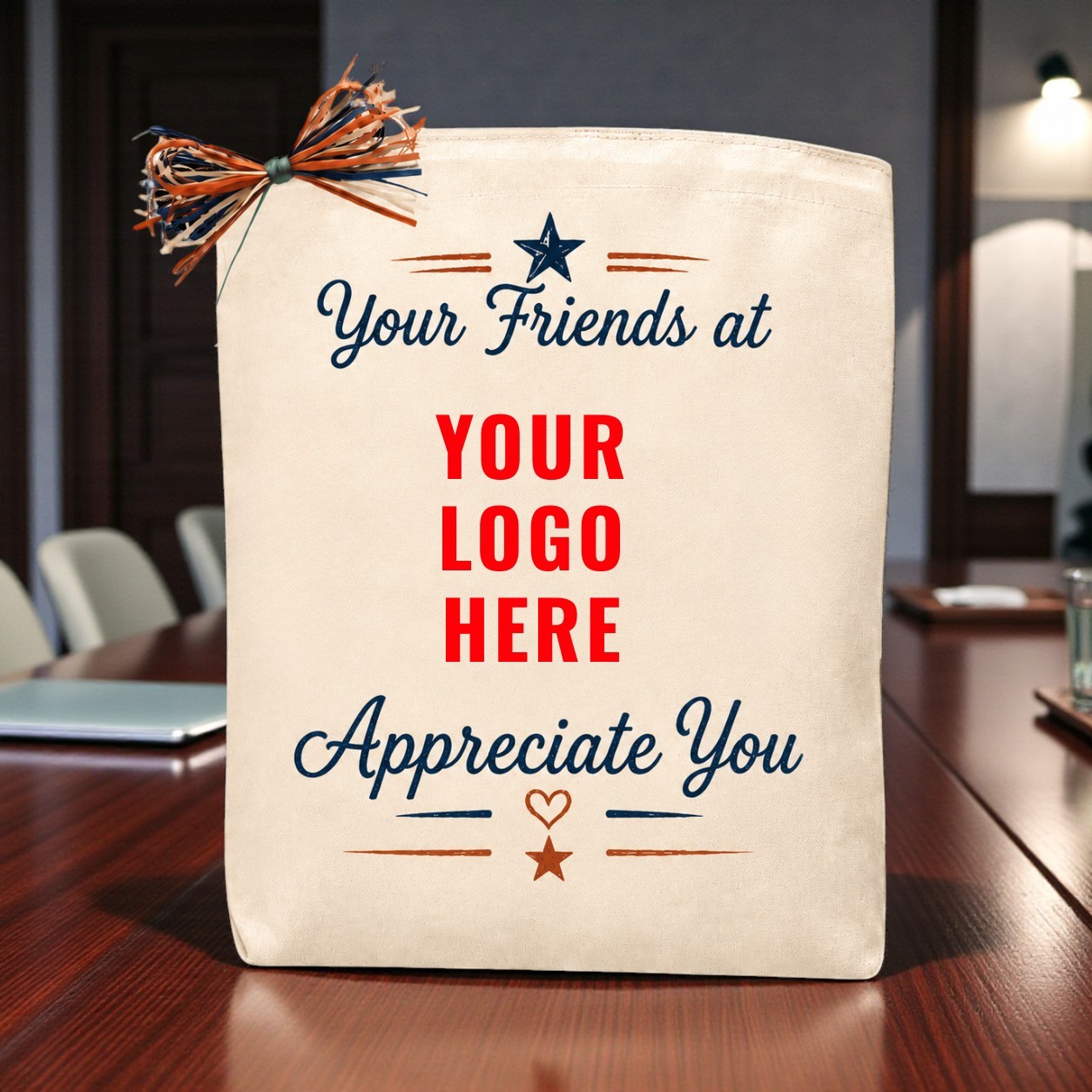 Customizable corporate appreciation tote displayed in a boardroom