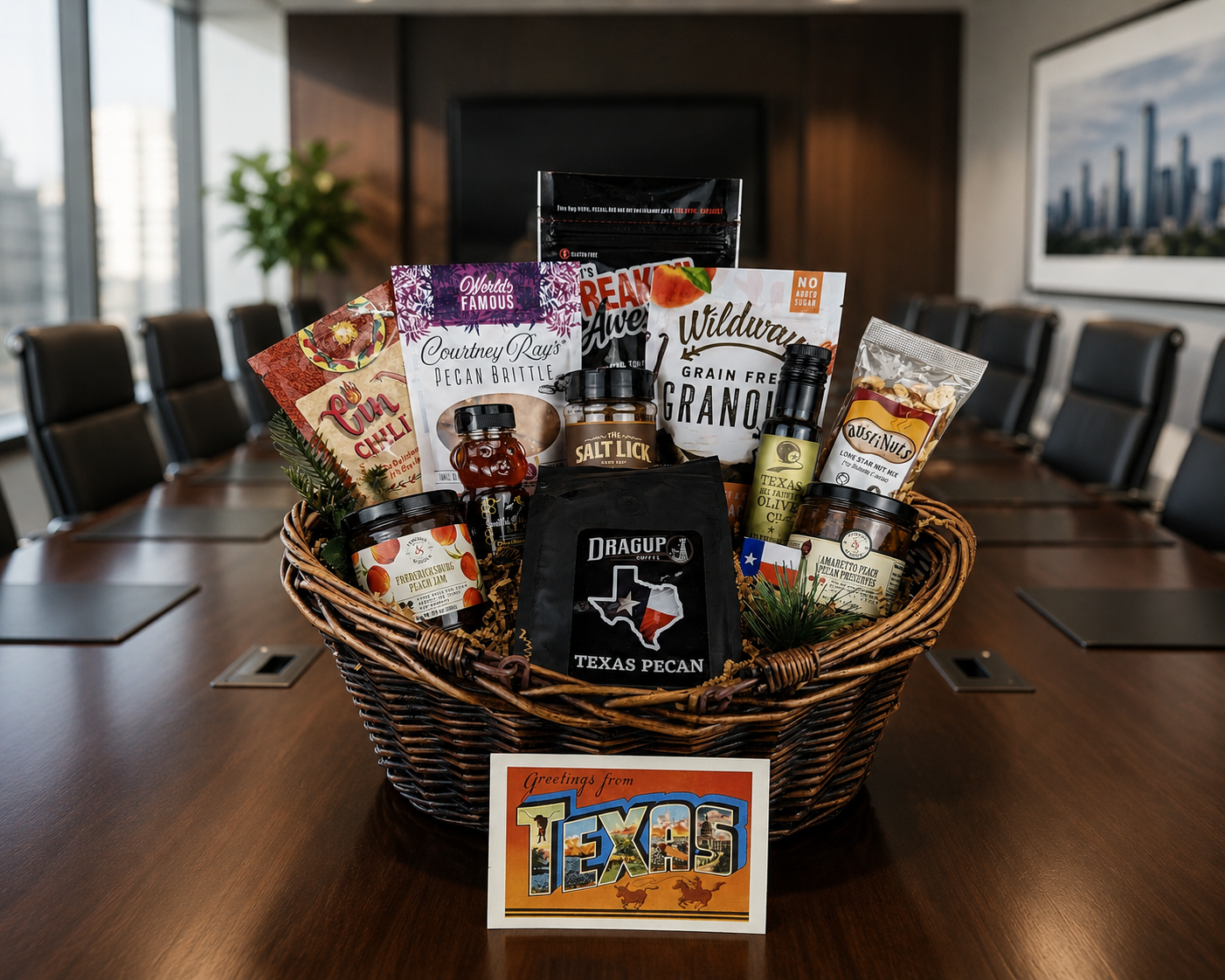 Large Texas gourmet gift basket presented in a corporate boardroom