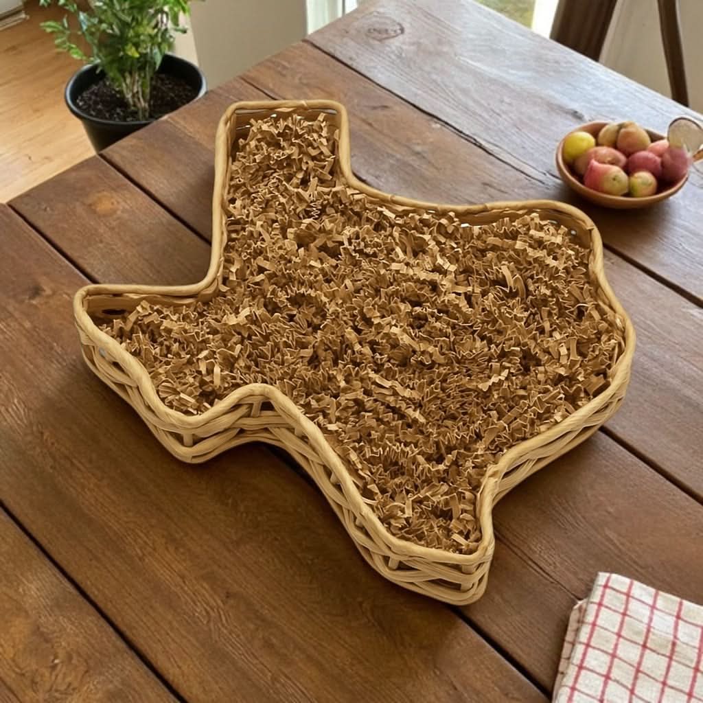 Texas-shaped woven gift basket ready for a custom assortment