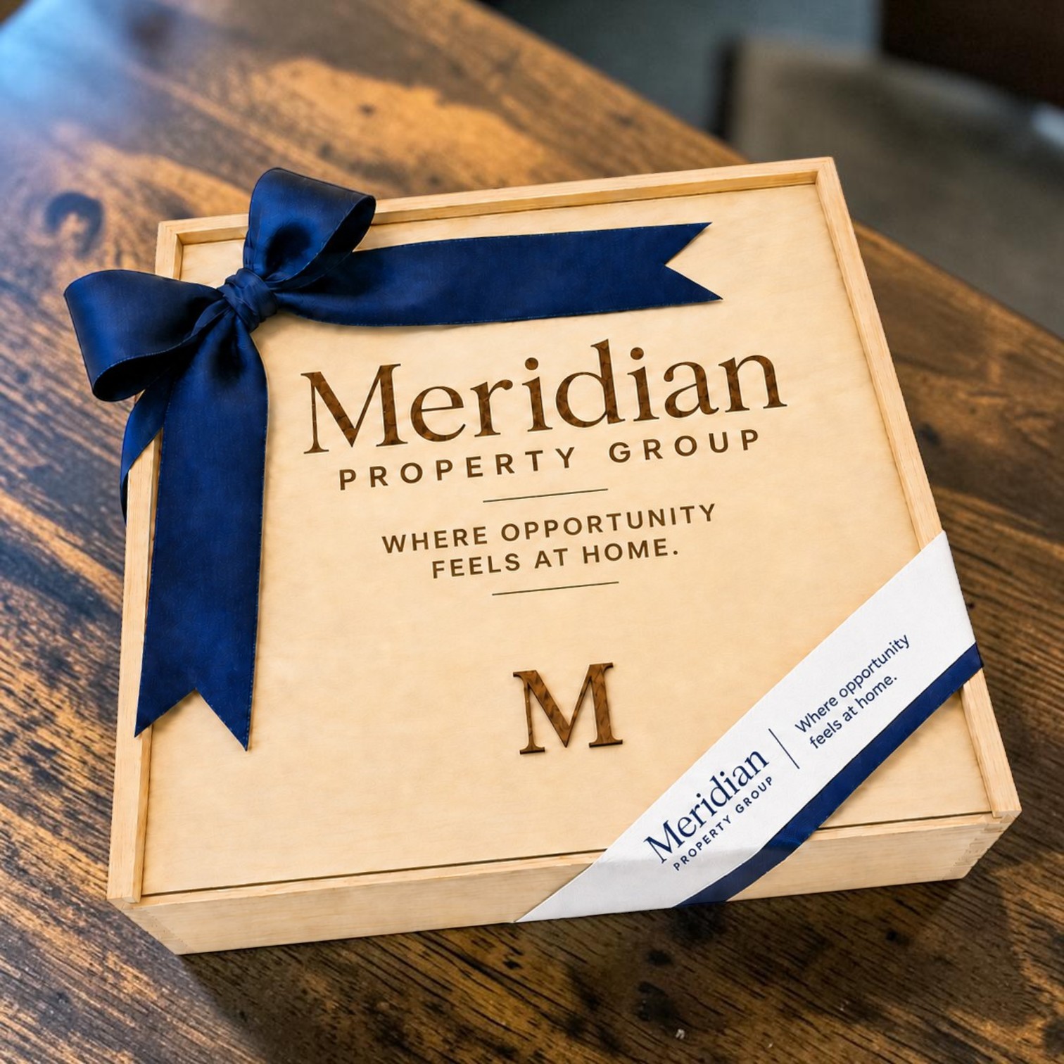 Custom wooden corporate gift box for Meridian Property Group with navy ribbon and engraved branding