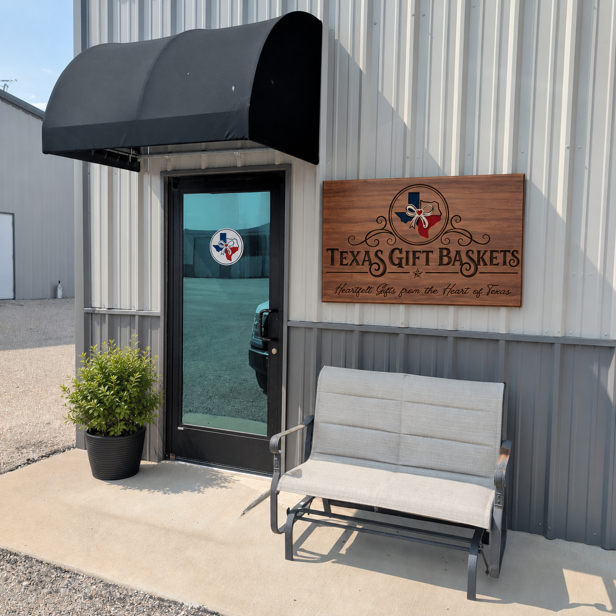 Texas Gift Baskets workshop entrance with its wooden storefront sign